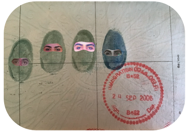 Thumbprints made on first passport, with the date I left a country of my citizenship for the first time. Scans of photos of all my passports since then ,superimposed and edited digitally